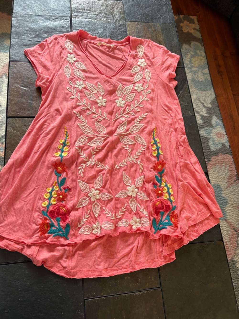 Soft Surroundings Coral Embroidered V-Neck Tunic